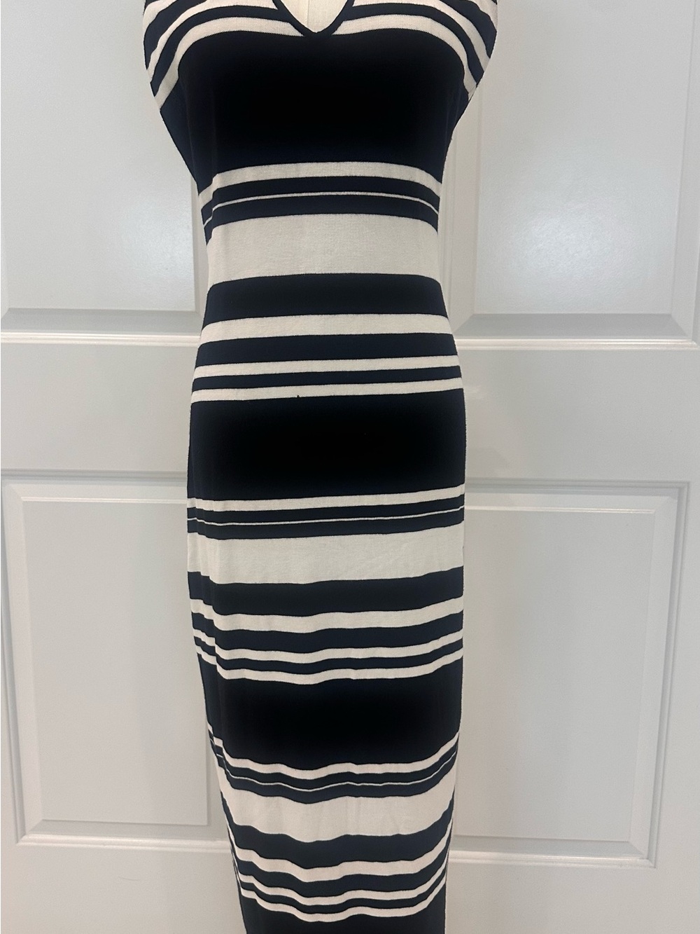 Meshki Black & White Striped V-Neck Bodycon Dress with halter string neck